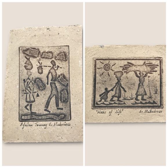 African 2 Art Etchings Handmade Paper by Mukwiro Walks of Life & African Journey - Picture 1 of 7